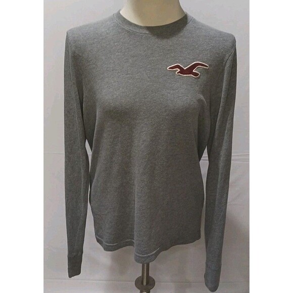 Hollister Shirt Mens Size Large Grey Crew Neck Long Sleeve Embroidery Logo - Picture 1 of 12
